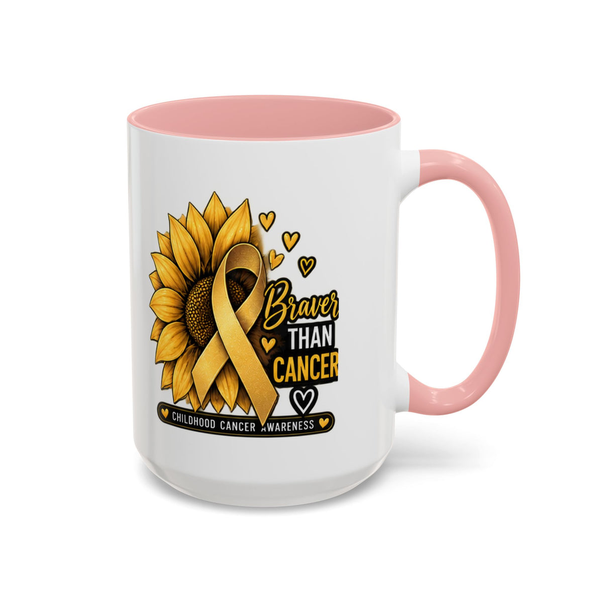 Childhood Cancer Awareness Mug — "Braver Than Cancer" Sunflower & Gold Ribbon
