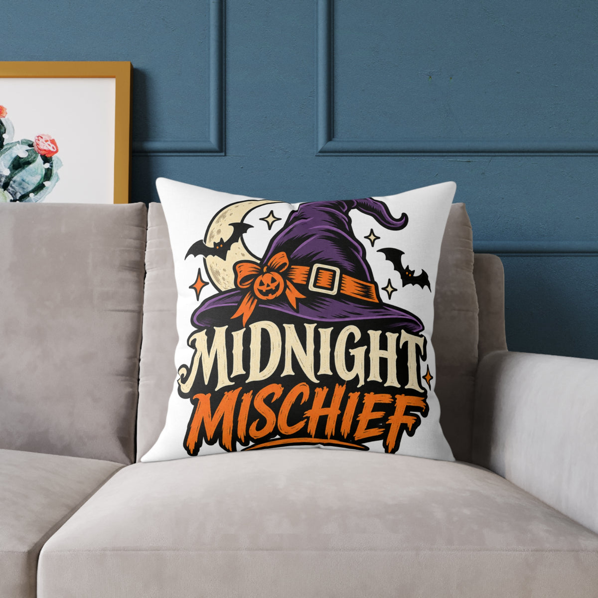 Midnight Mischief Halloween Pillow – Witch Hat & Bats Decorative Throw Pillow