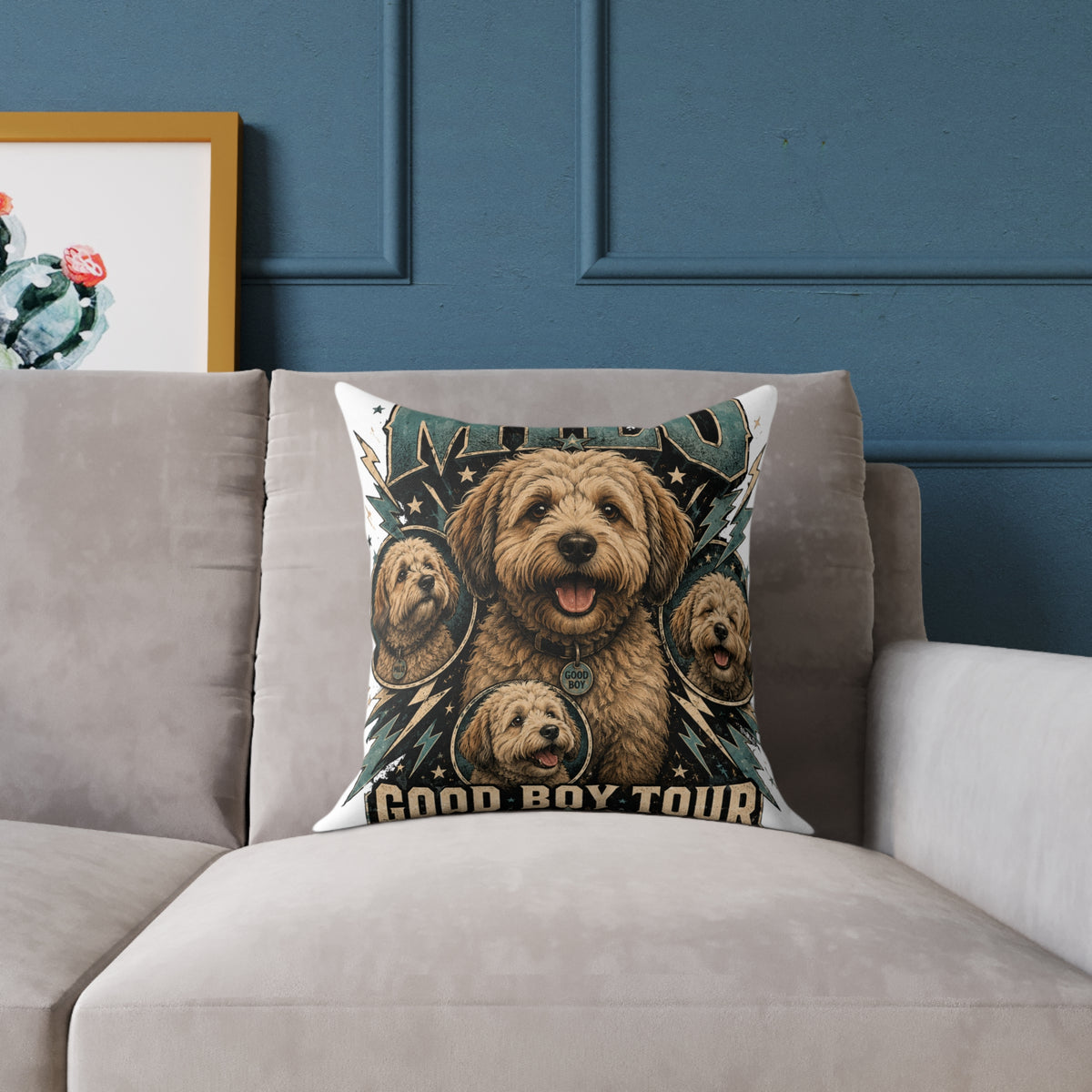Milo Golden Doodle Band Tour Square Pillow  Milo Bailey Dog Dad Mom— Retro Dog Portrait Decorative Throw