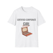 "Certified Corporate Girl" Retro Laptop Graphic Tee - Funny Office Humor White T-Shirt - Trending Now - September 2026