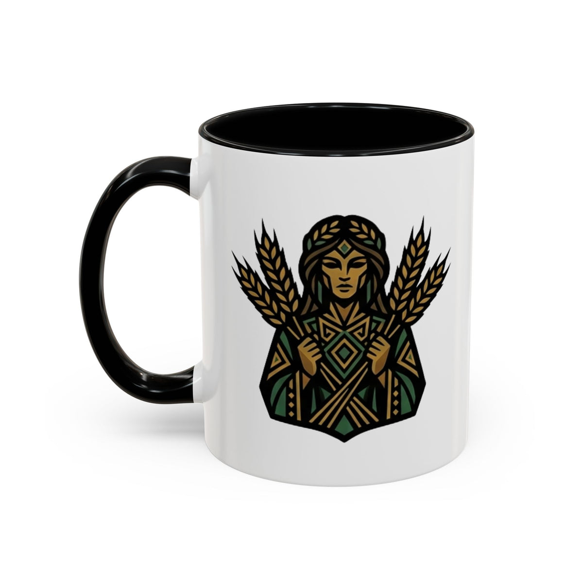 Virgo Zodiac Harvest Goddess Accent Coffee Mug — Rustic Wheat & Earthy Green Tribal Design