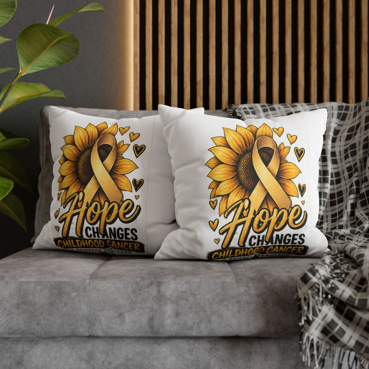 Childhood Cancer Awareness Pillow — "Hope Changes Childhood Cancer" Sunflower Ribbon Cushion
