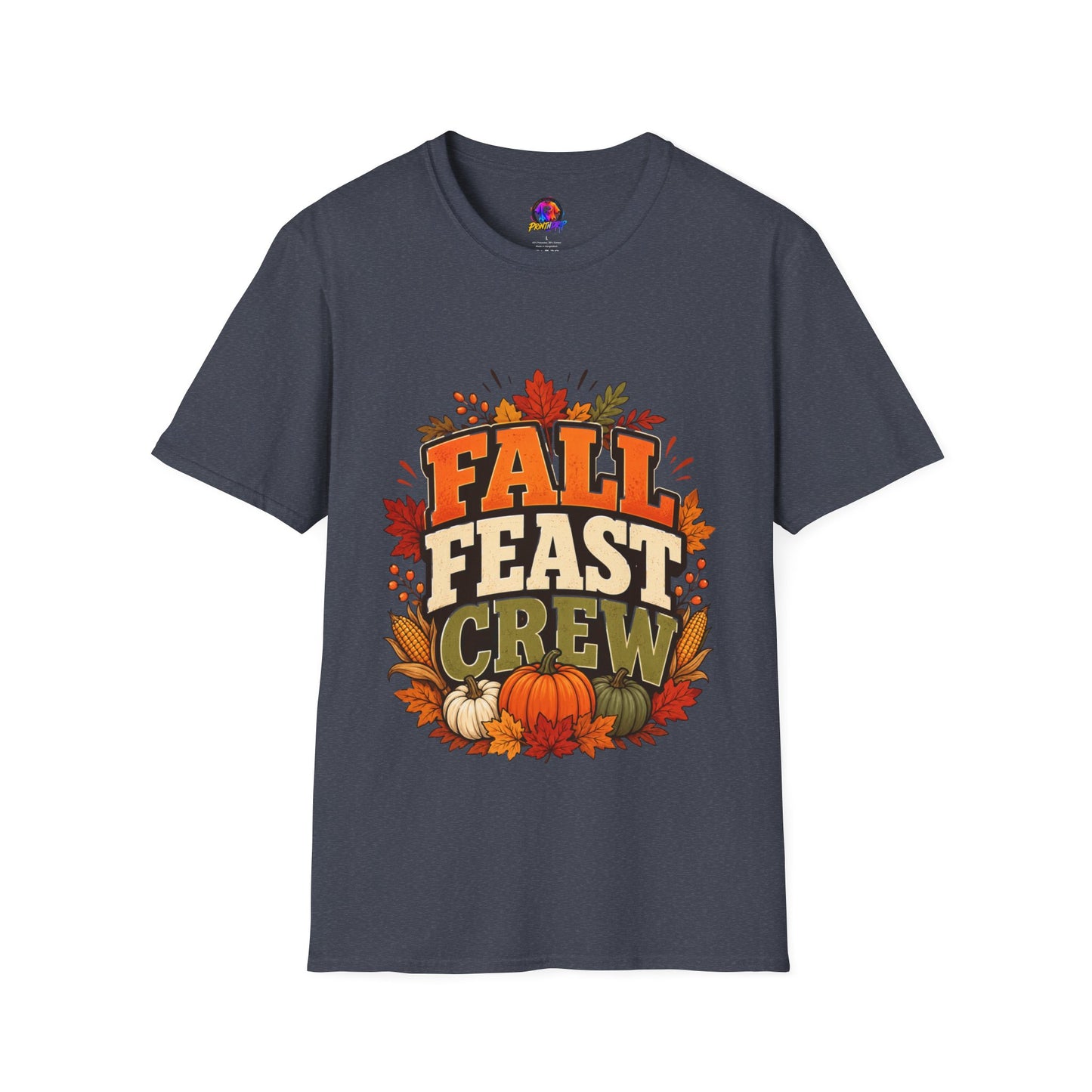 Fall Feast Crew T-Shirt — Thanksgiving Pumpkin & Leaves Graphic Tee