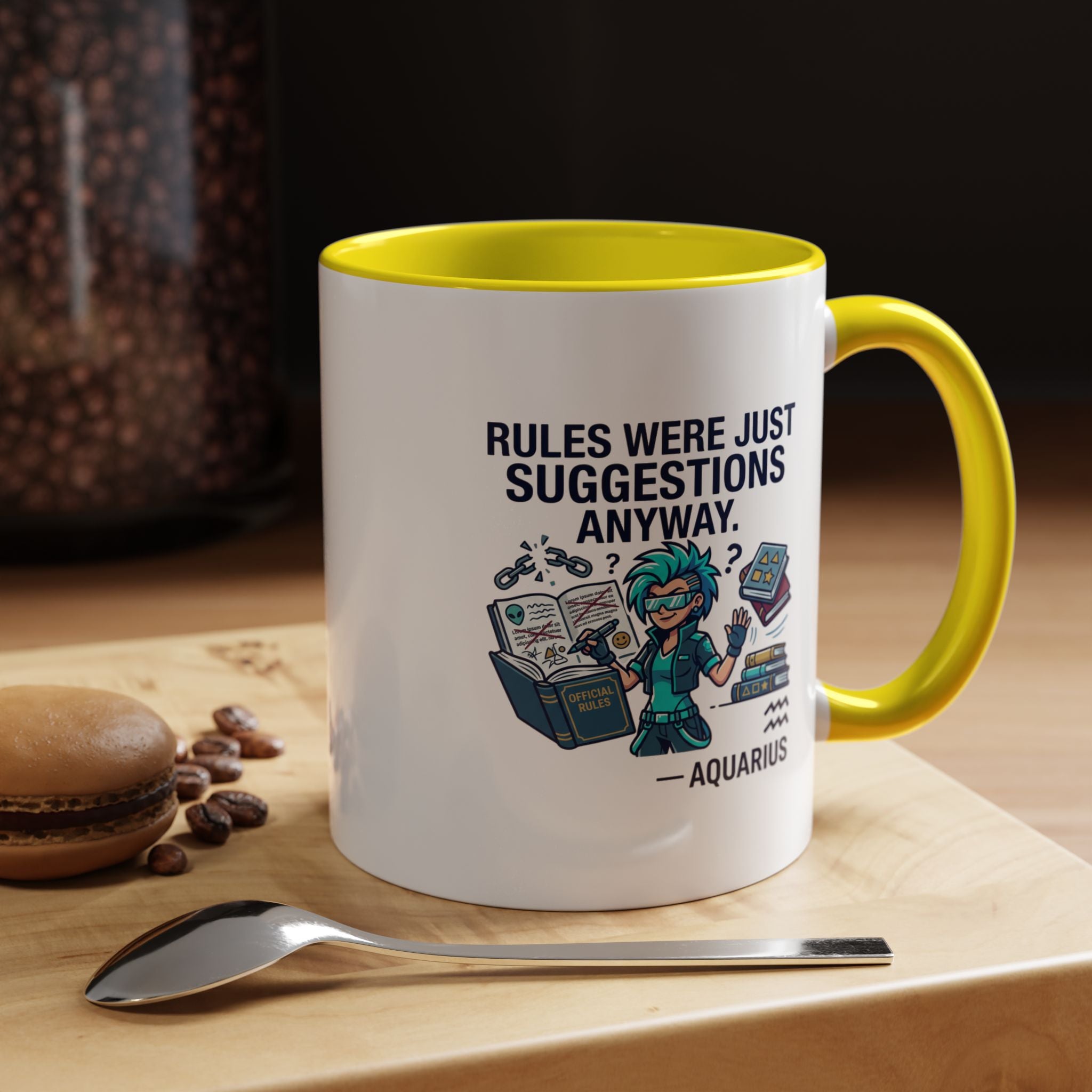 Aquarius Coffee Mug — "Rules Were Just Suggestions Anyway" Funny Zodiac Accent Mug 11oz