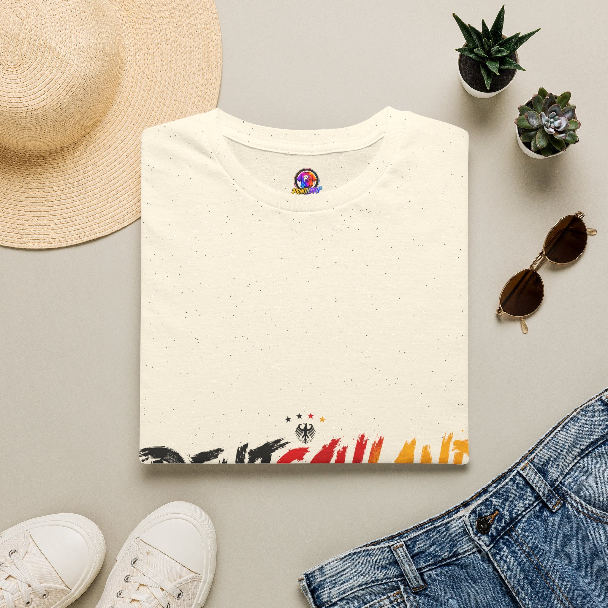 Germany Deutschland Football T-Shirt — Deutschland Script with German Flag Brushstroke