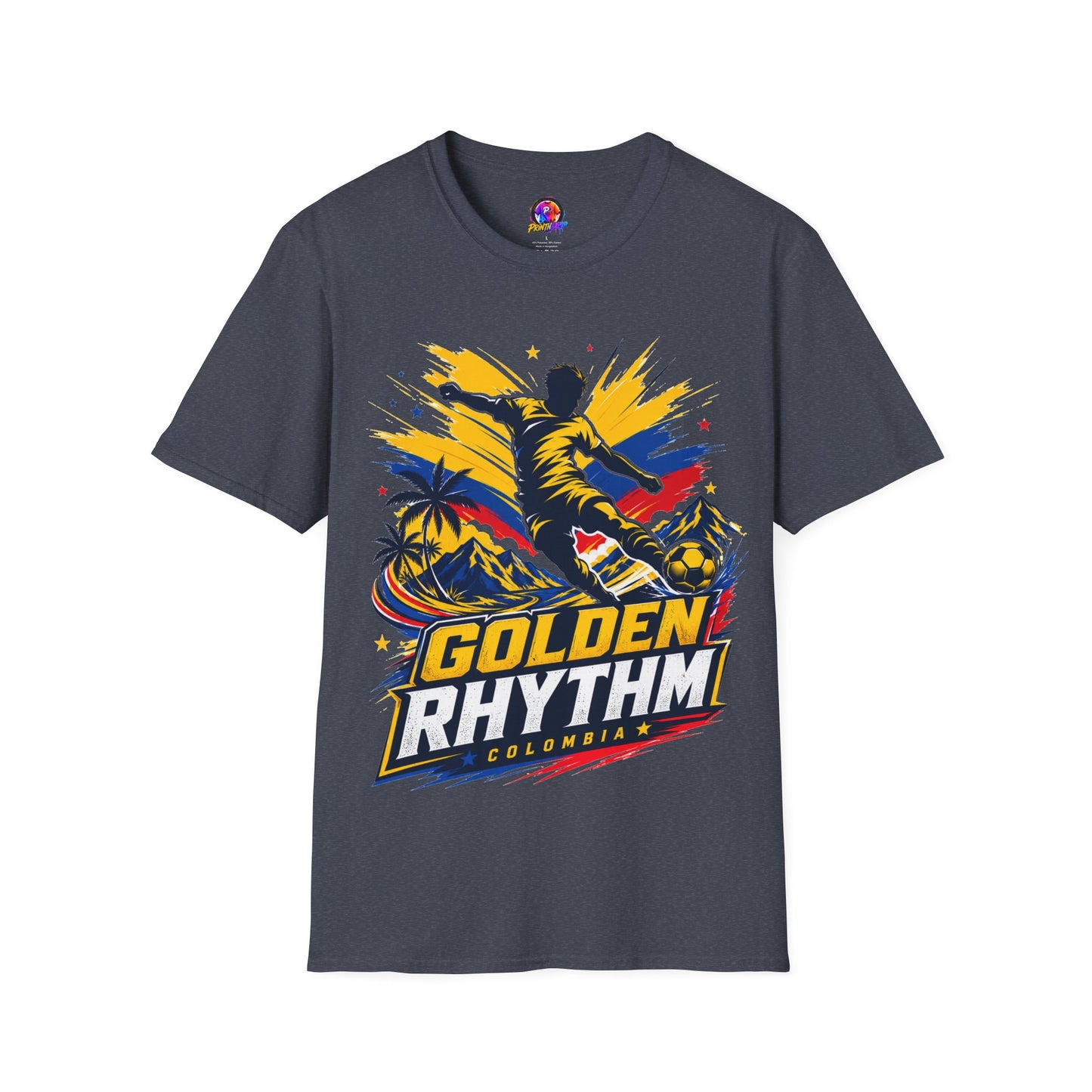 Columbia Soccer Player Graphic T-Shirt — "Golden Rhythm" Vibrant Beach Soccer Tee