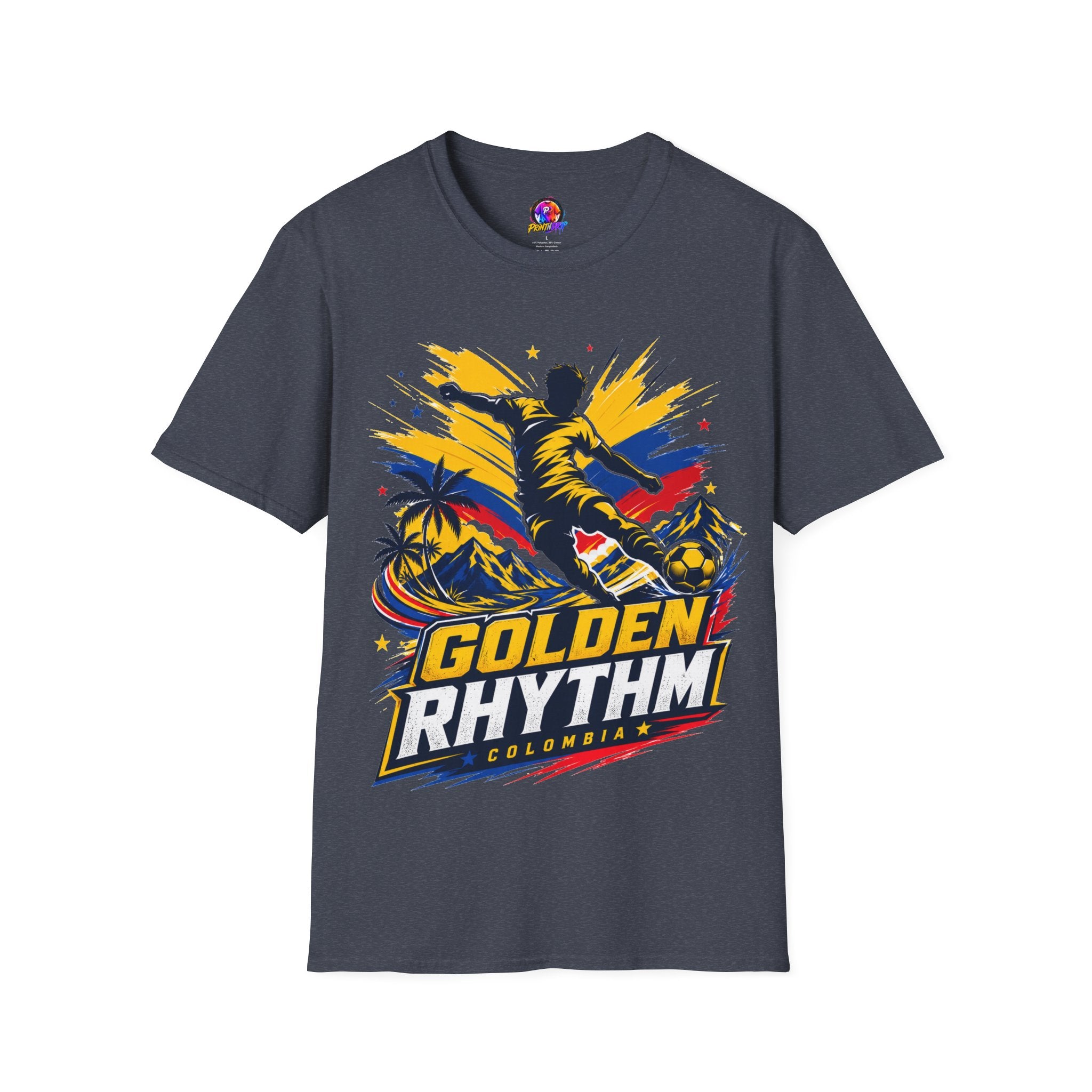 Columbia Soccer Player Graphic T-Shirt — "Golden Rhythm" Vibrant Beach Soccer Tee