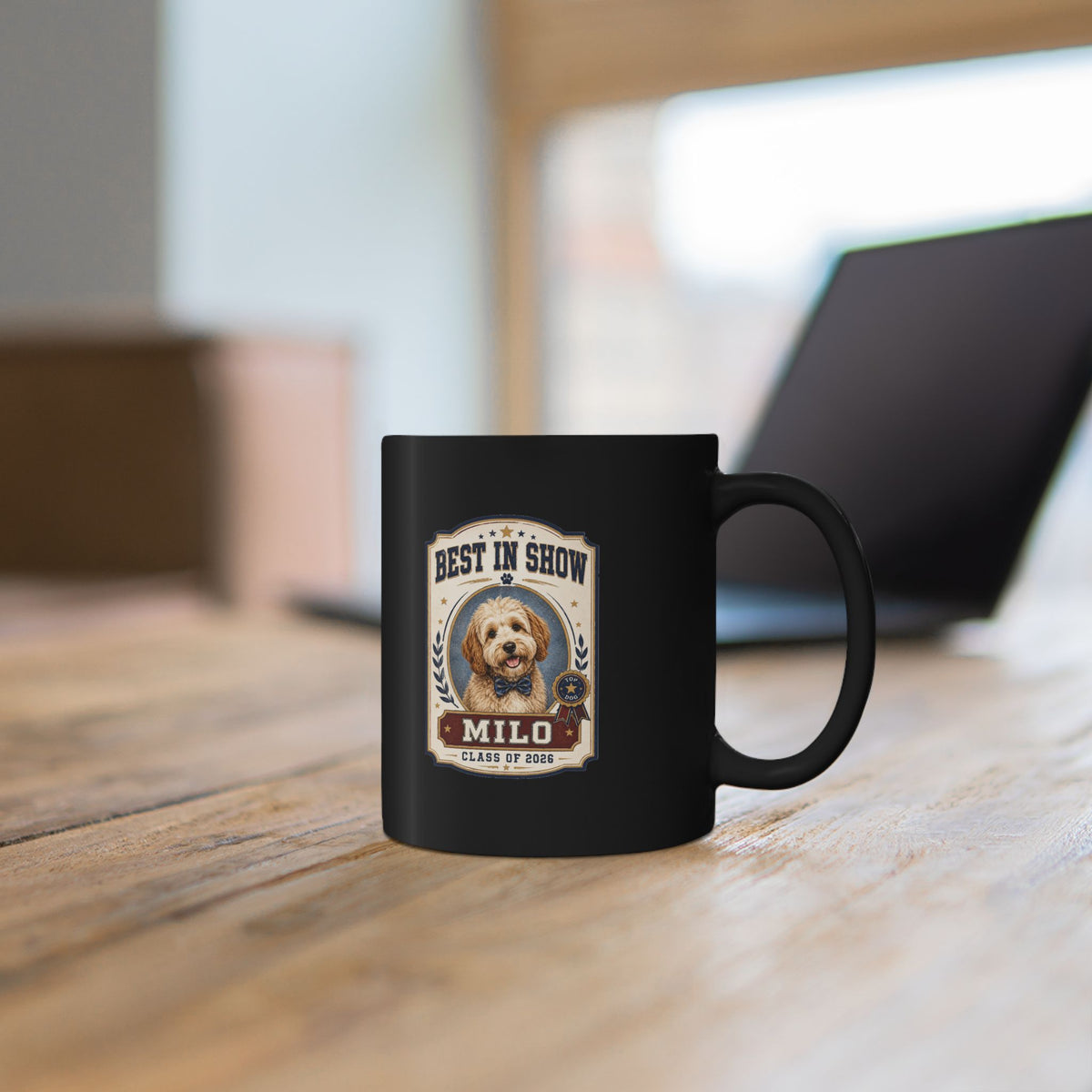 Milo Bailey Dog Dad Mom Best in Show Personalized Dog Mug — "Milo" Pet Photo Black Coffee Cup