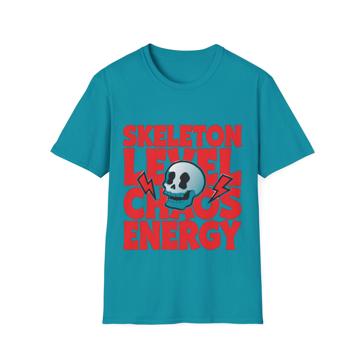 Skeleton Level Chaos Energy Red Block Tee - Bold Skull Lightning Graphic T-Shirt - Trending Now - September 2026