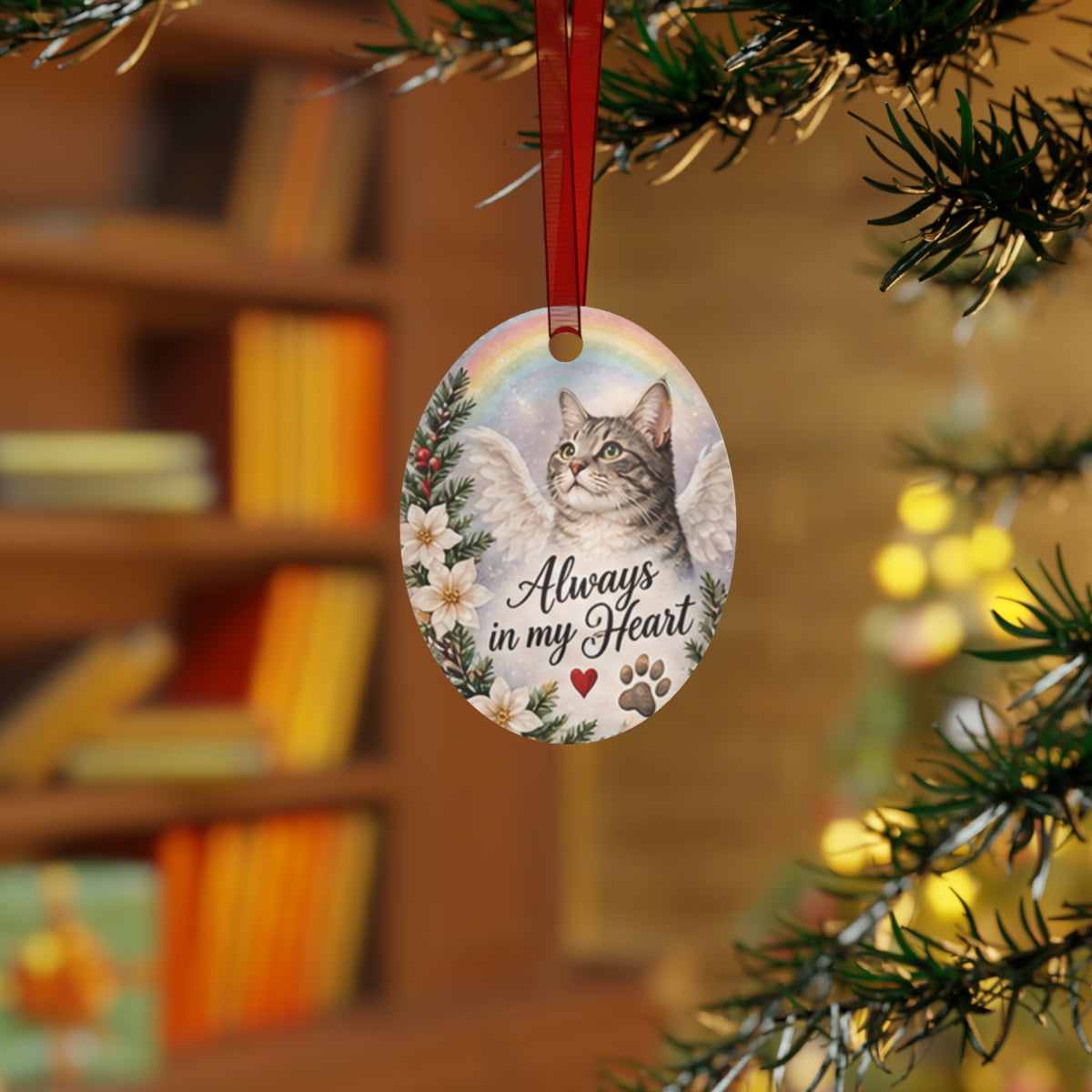 Cat Memorial Metal Ornament — "Always in My Heart" Angel Cat Christmas Keepsake