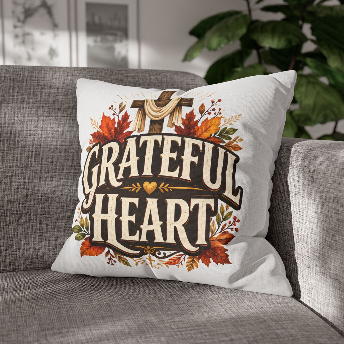 Thanksgiving Grateful Heart Throw Pillow — Autumn Cross Faith Decorative Pillowcase