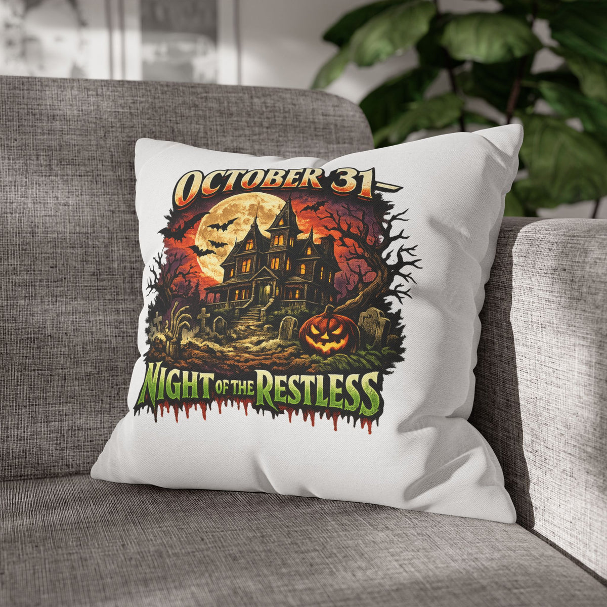 Halloween Pillowcase - "October 31 Night of the Restless" Haunted House Decorative Square Pillow Cover