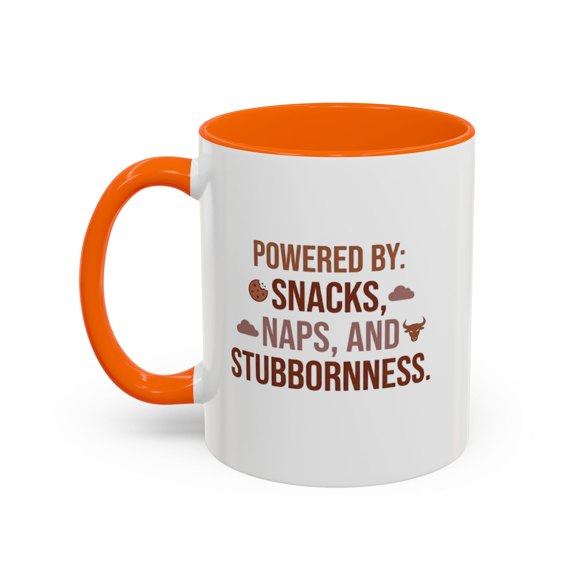 Coffee Mug — "Powered by: Snacks, Naps, and Stubbornness" Ceramic Accent Mug