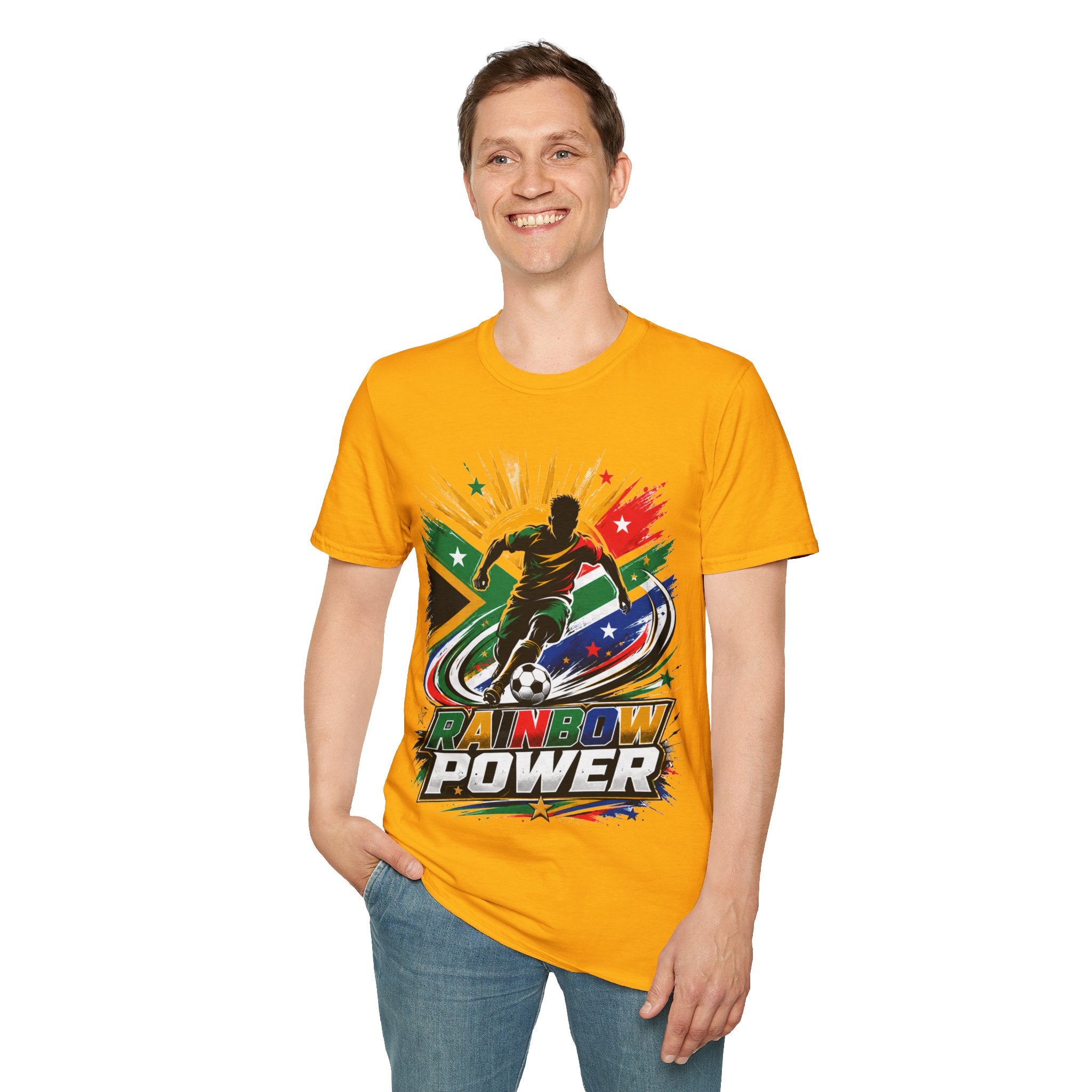 South Africa Soccer Rainbow Power T-Shirt — Colorful Football Player Graphic Tee