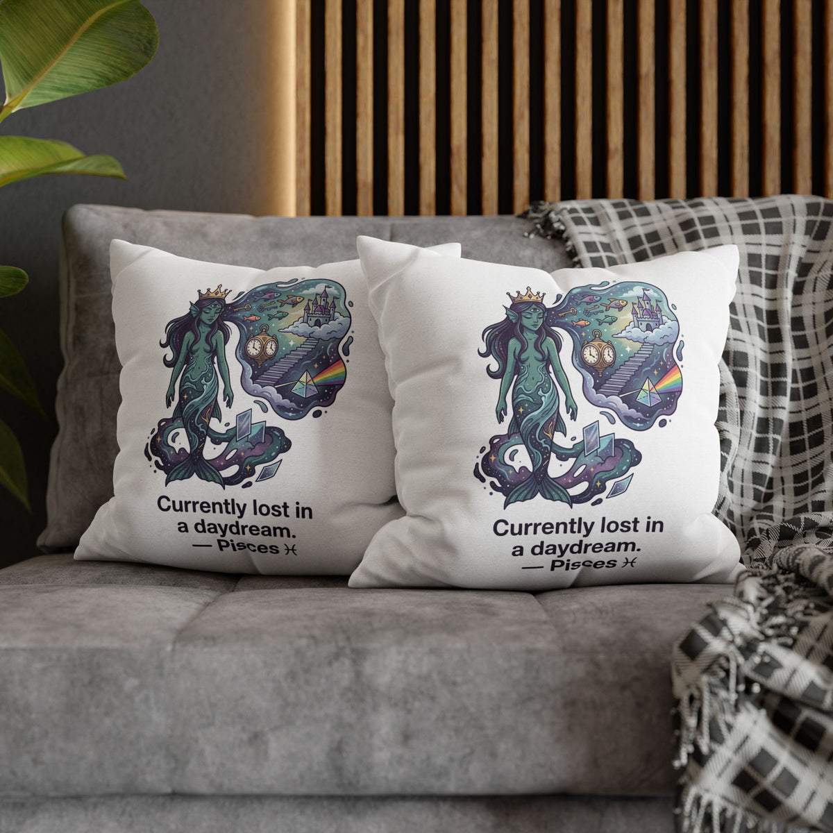 Pisces Mermaid Pillowcase — "Currently Lost in a Daydream" Decorative Throw Pillow