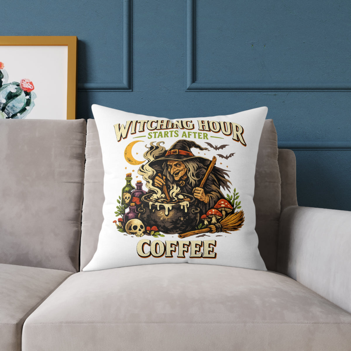 Halloween Witch Coffee Pillow — "Witching Hour Starts After Coffee" Square Throw Pillow