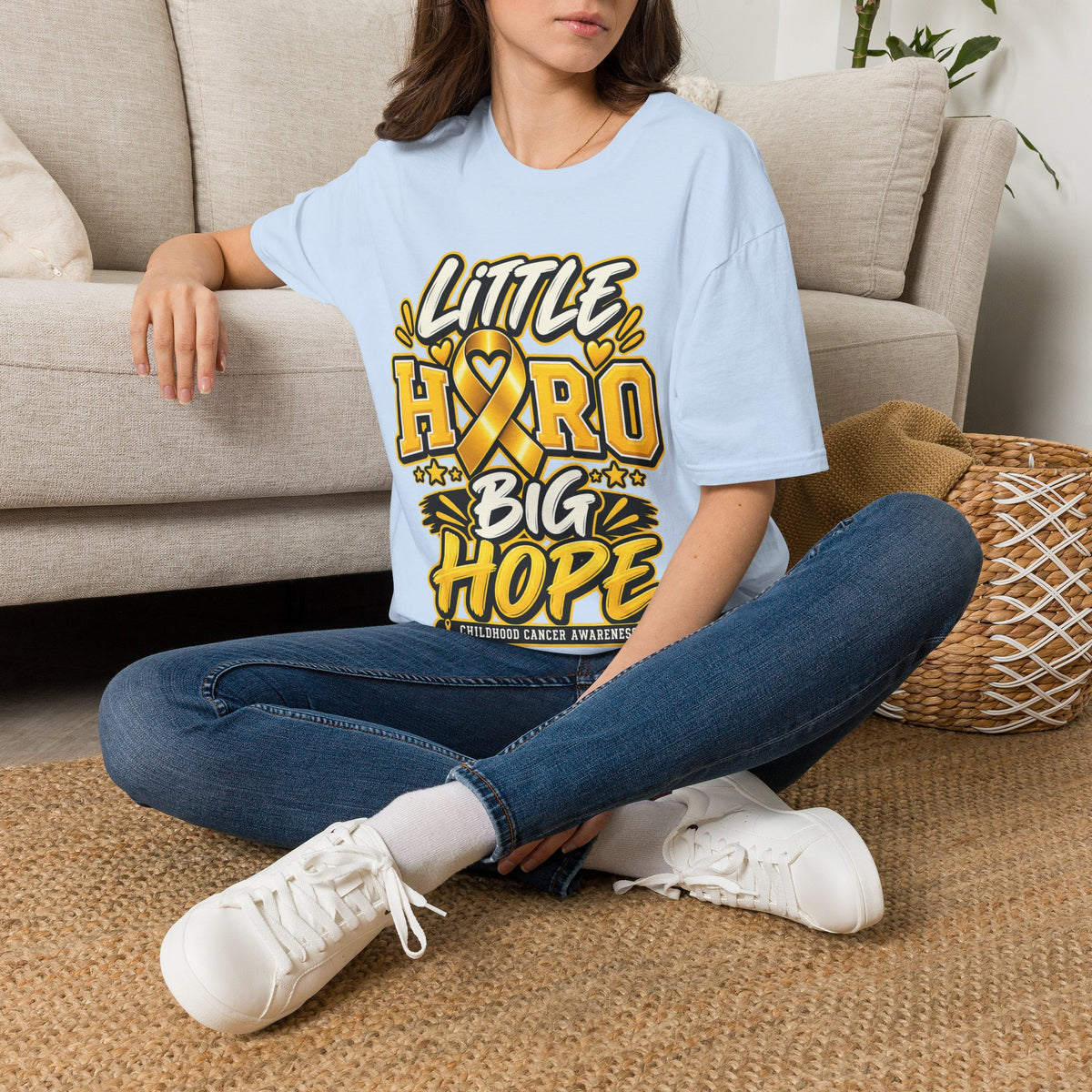 Kids Childhood Cancer Awareness T-Shirt — "Little Hero Big Hope" Gold Ribbon