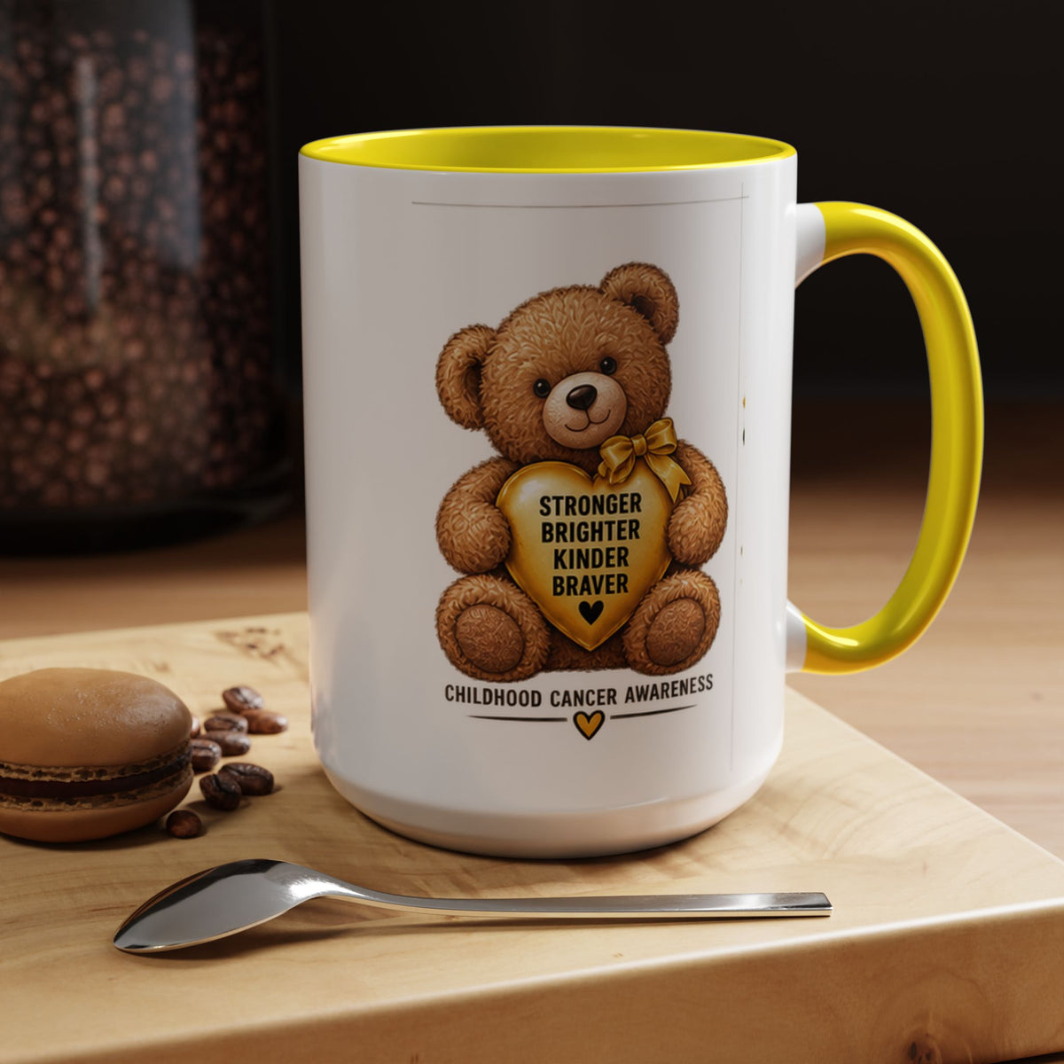 Childhood Cancer Awareness Coffee Mug — 'Stronger Brighter Kinder Braver' Teddy