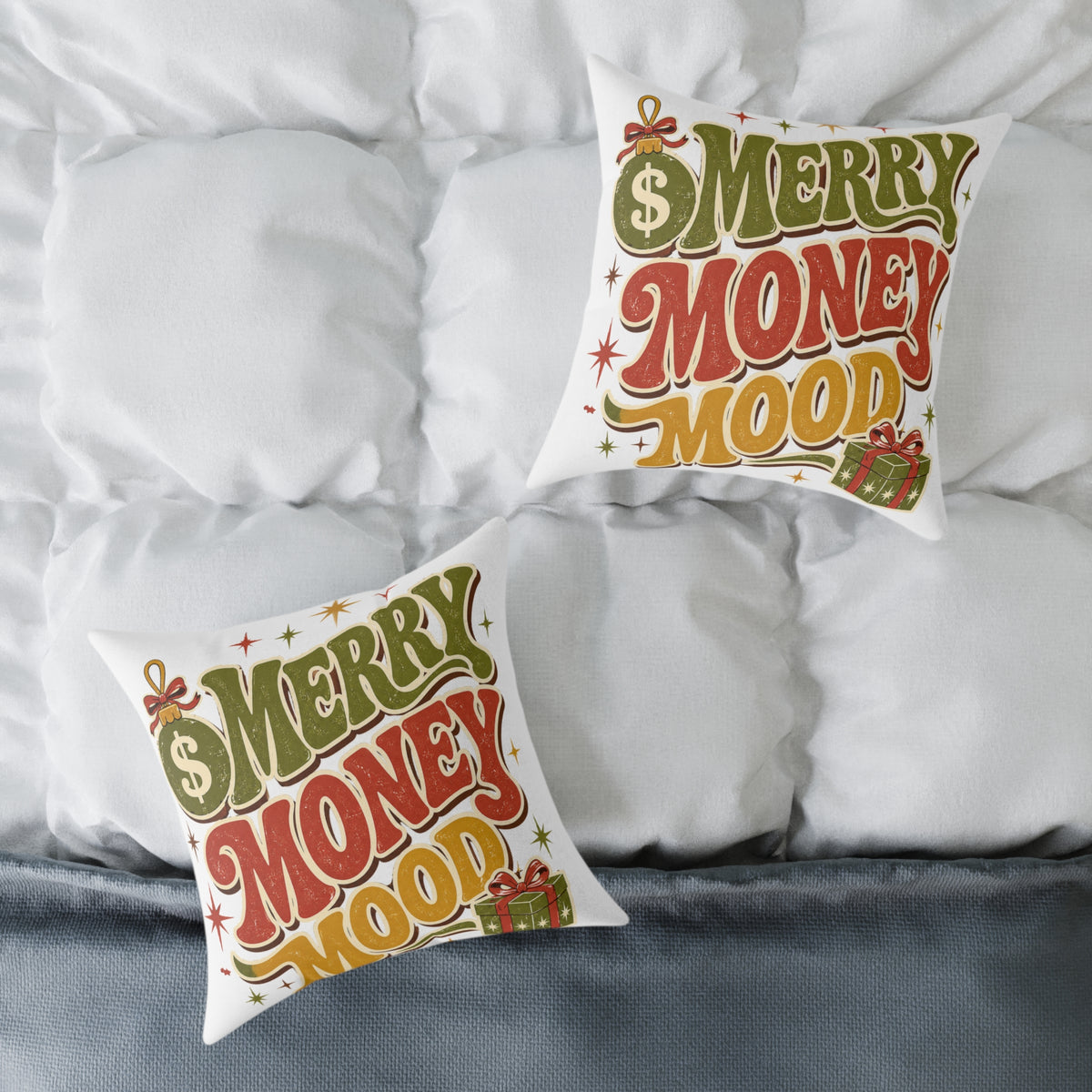 Modern Day Christmas Merry Money Mood Pillow — Festive Retro Holiday Throw Pillow