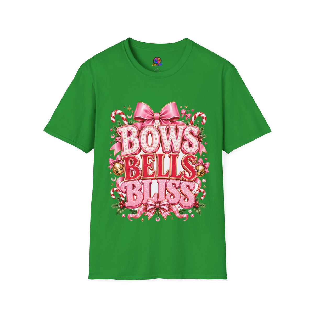 Bows Bells Bliss Christmas T‑Shirt — Pink Holiday Bow Graphic
