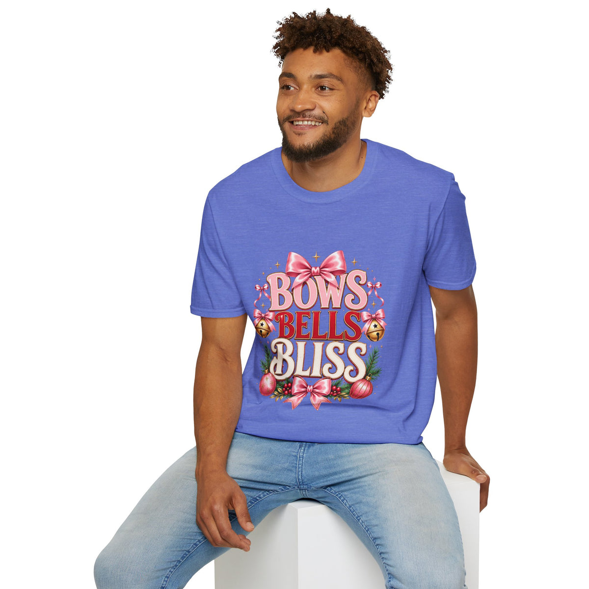 T-Shirt — "Bows Bells Bliss" Pink Holiday Graphic Tee