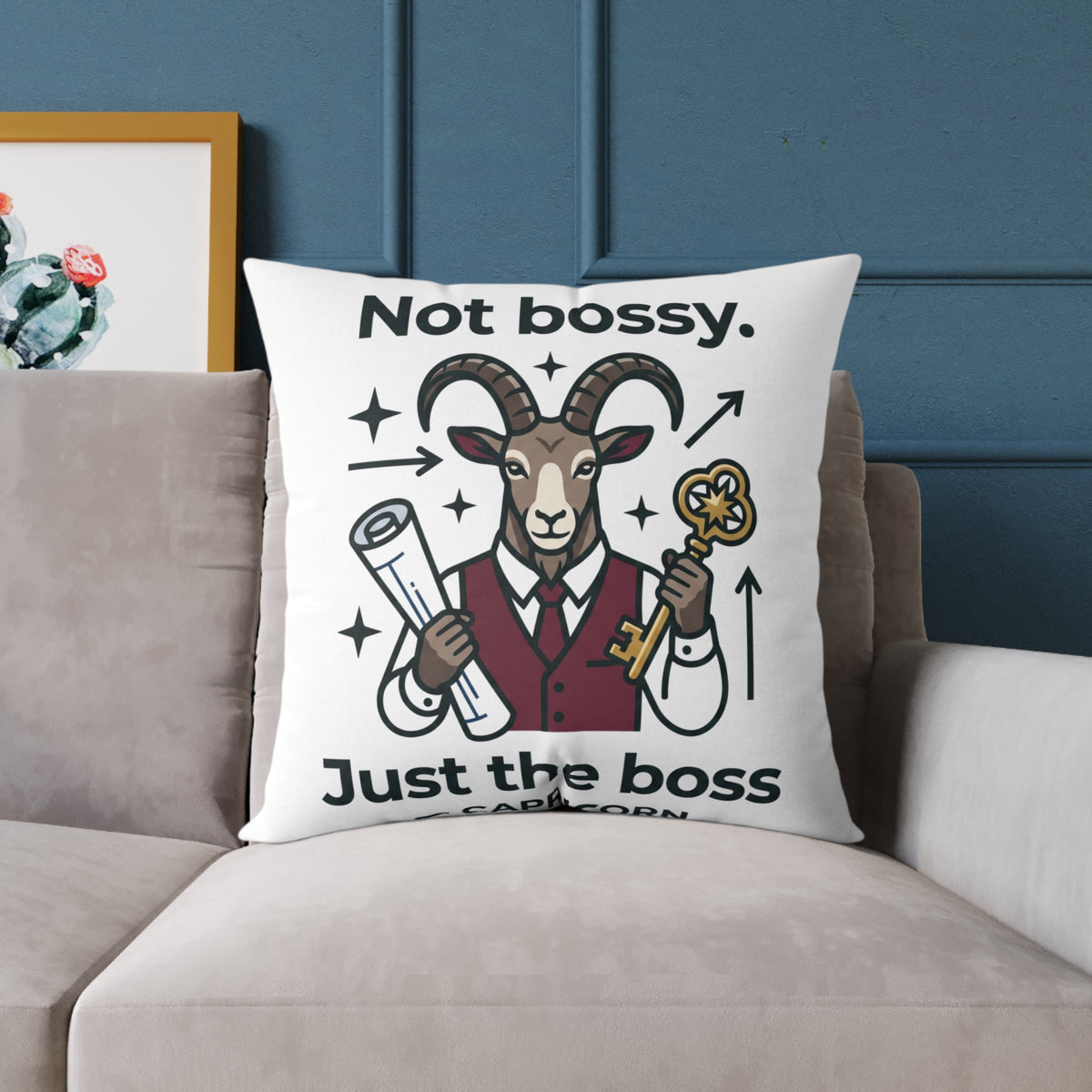 Capricorn Square Throw Pillow — “Not Bossy. Just the Boss” Goat Illustration