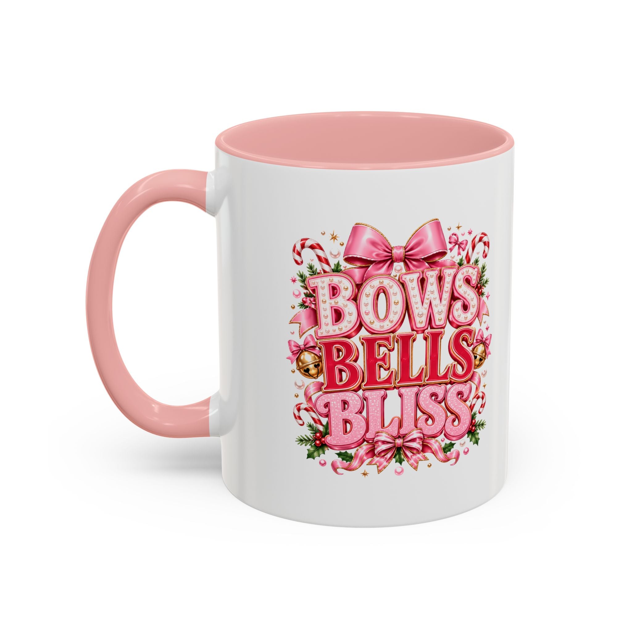 Modern Day Christmas Bows Bells Bliss Coffee Mug — Pink Holiday Accent Mug