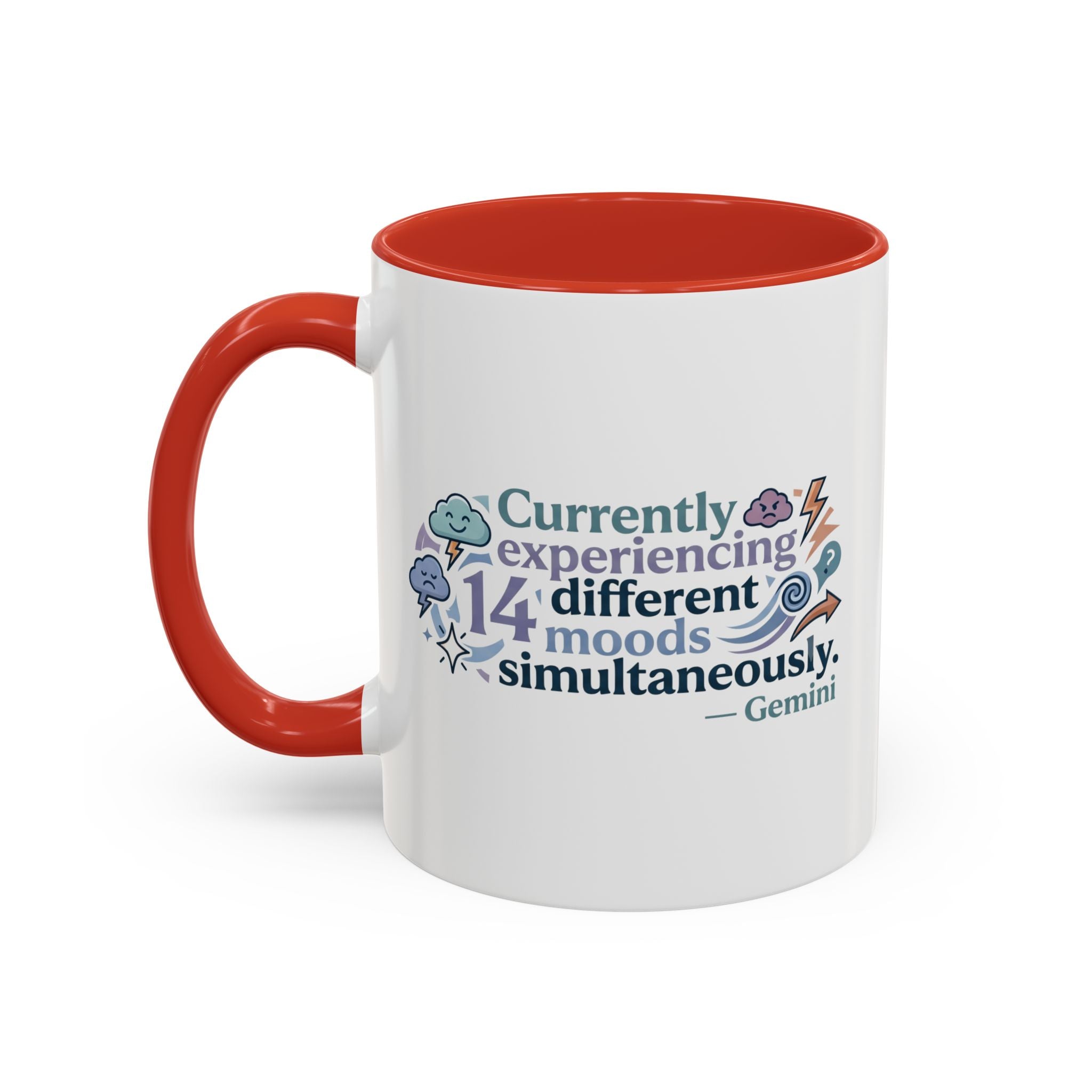 Gemini Mood Coffee Mug — "Currently Experiencing 14 Different Moods" Accent Ceramic Mug
