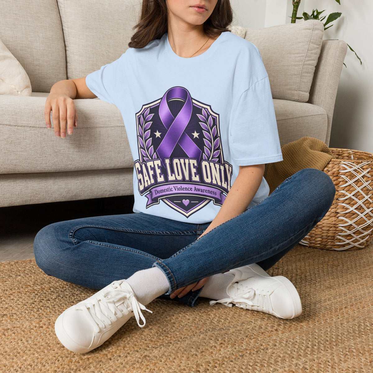 Domestic Violence Awareness T-Shirt — "Safe Love Only" Purple Ribbon Tee