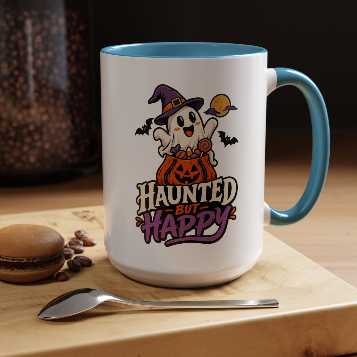 Haunted But Happy Coffee Mug — Halloween Ghost Pumpkin Accent Mug (11/15oz)
