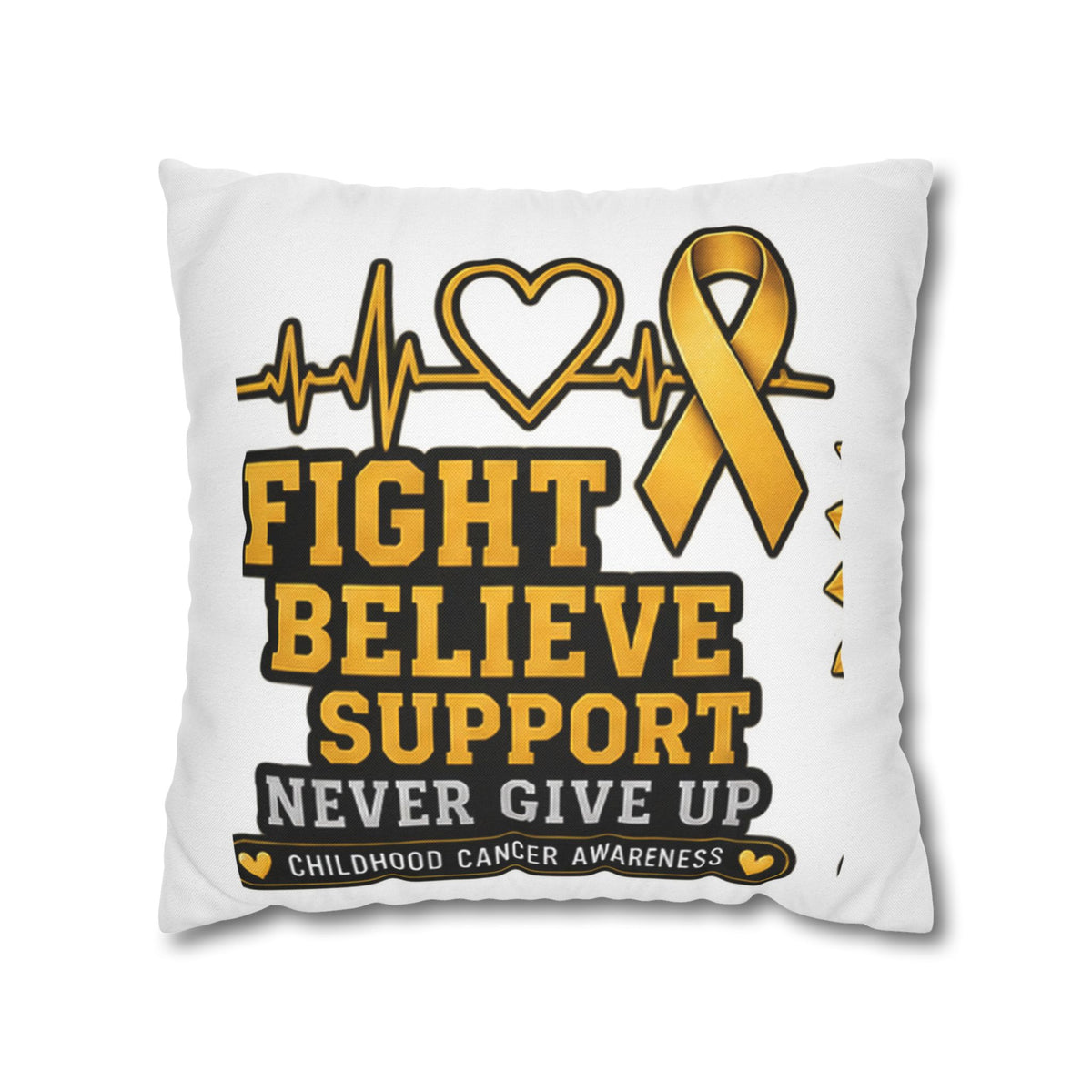 Childhood Cancer Awareness Pillow — "Fight Believe Support Never Give Up" Gold Ribbon Decorative Throw Pillow