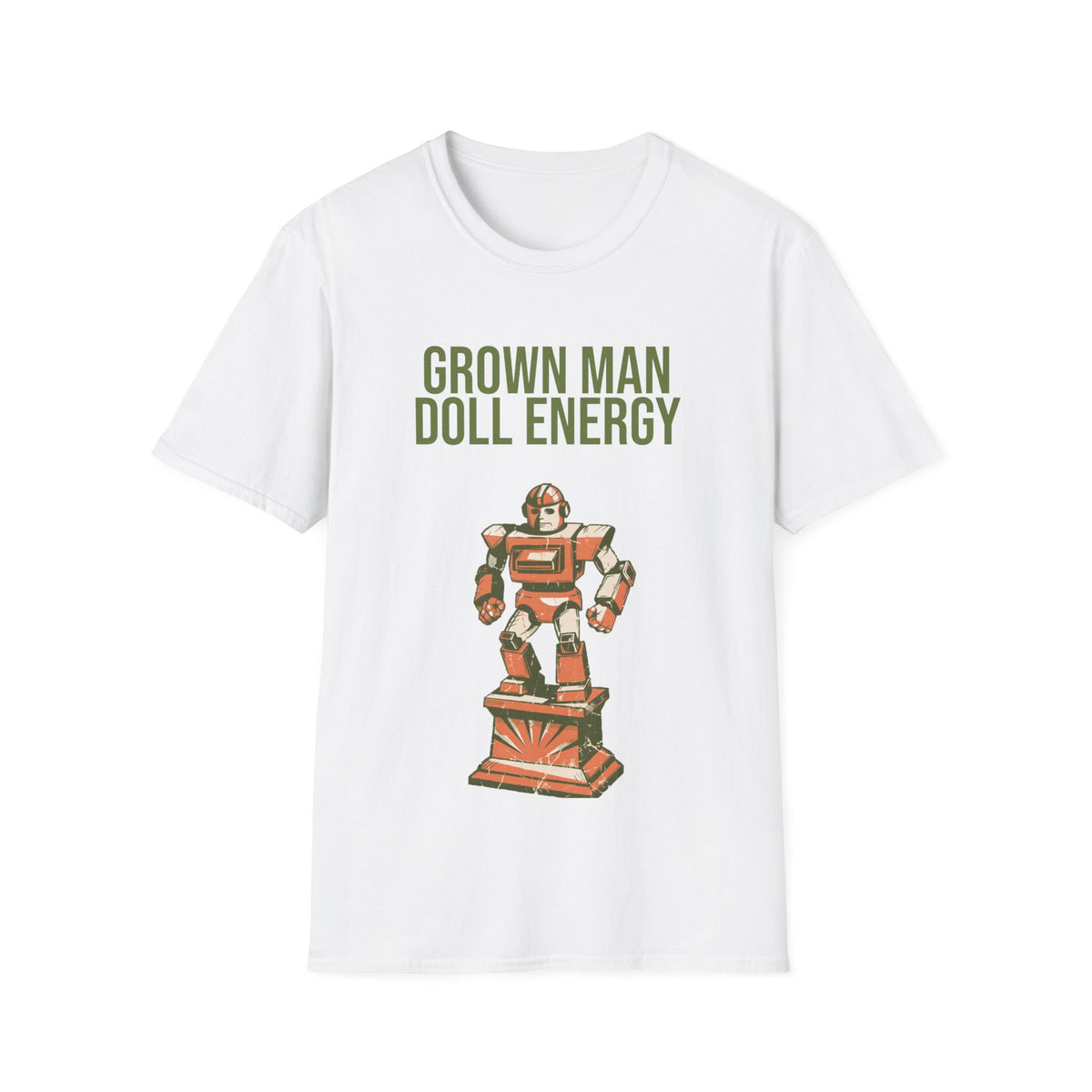 "Grown Man Doll Energy" Retro Toy Robot Graphic Tee - Funny Ironic Gamer White T-Shirt - Trending Now - September 2026