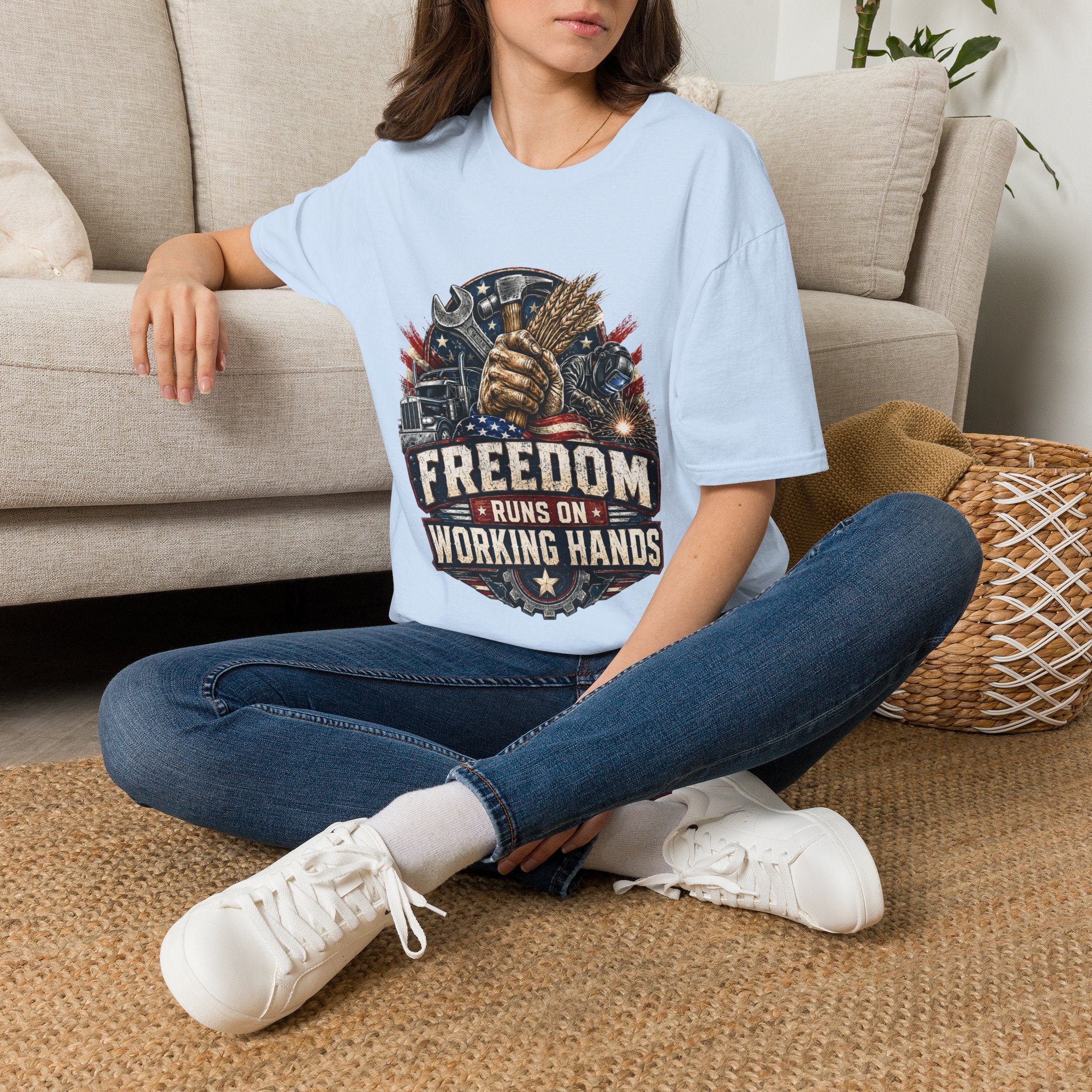 Freedom Runs on Working Hands T-Shirt — Patriotic Mechanic Tool & Wheat Design