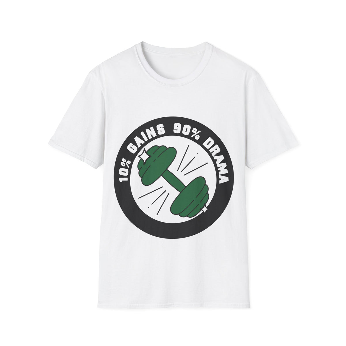 10% Gains 90% Drama Dumbbell T-Shirt - Funny Gym Circle Logo Graphic Tee - Trending Now - September 2026