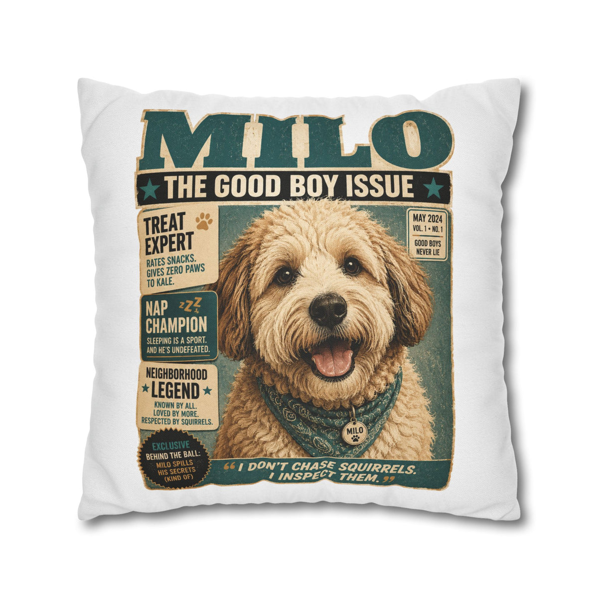Dog Magazine Cover Pillowcase Milo Bailey Dog Dad Mom– "Milo: The Good Boy Issue" Decorative Throw Pillow