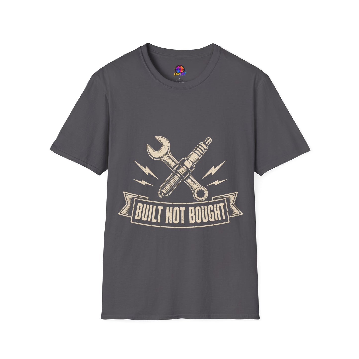 Built Not Bought T-Shirt — Vintage Mechanic Spark Plug & Wrench Tee for DIY Car Enthusiasts