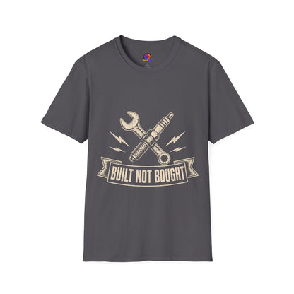 Built Not Bought T-Shirt — Vintage Mechanic Spark Plug & Wrench Tee for DIY Car Enthusiasts