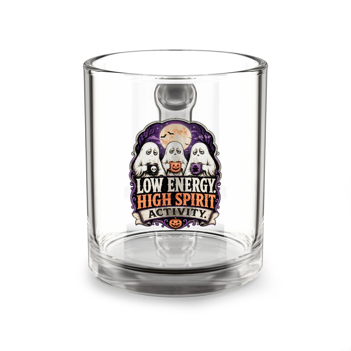 Halloween Glass Mug 10 oz  Glass Mug — Low Energy High Spirit Halloween Ghost Coffee Cup (10 oz)