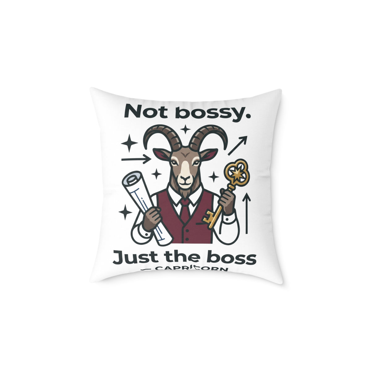 Capricorn Square Throw Pillow — “Not Bossy. Just the Boss” Goat Illustration
