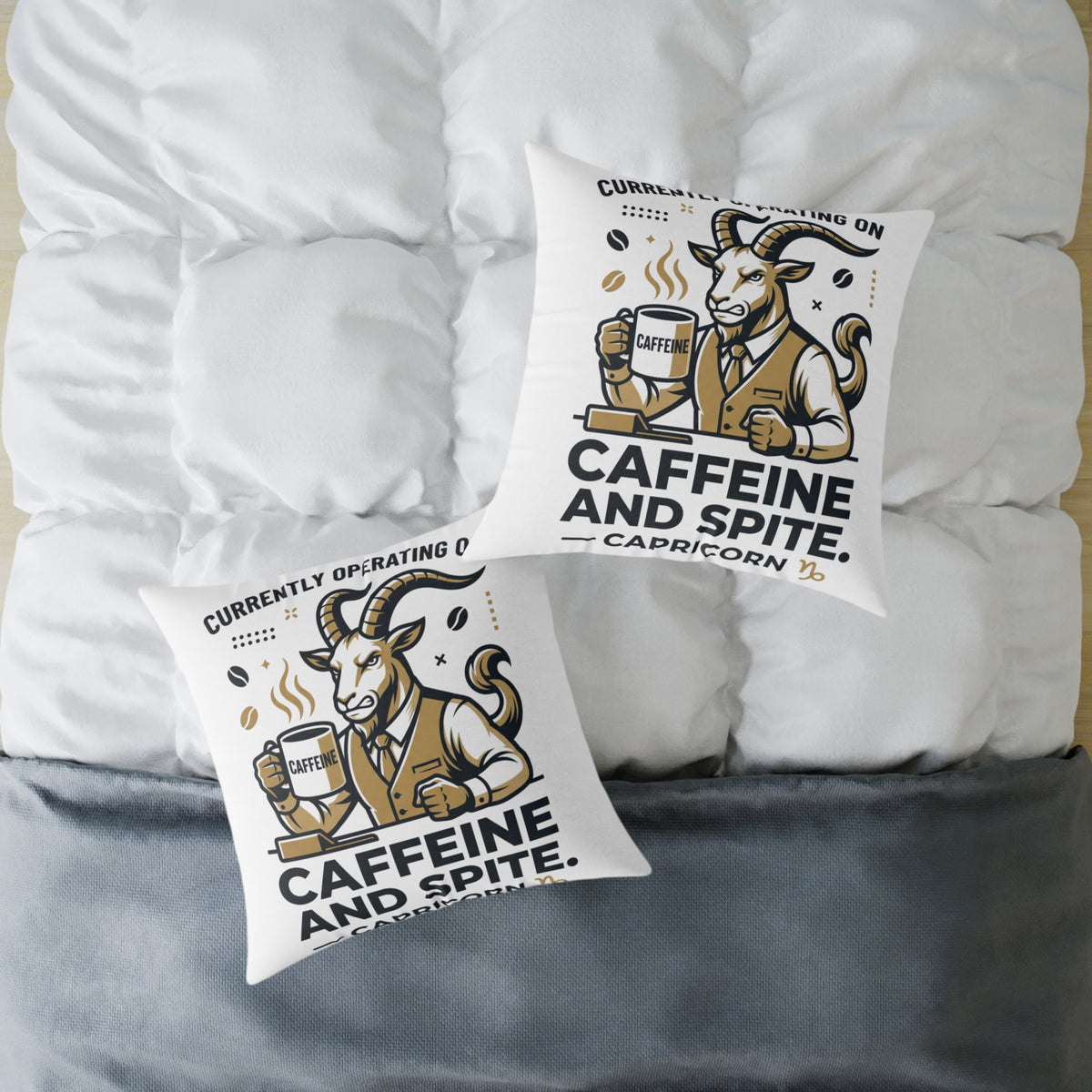 Capricorn Caffeine and Spite Goat Pillow — Funny Coffee Lover Square Throw Pillow