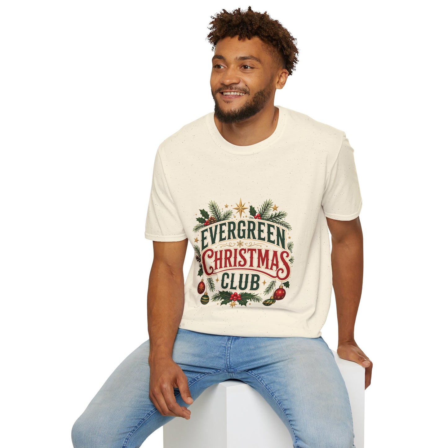 Evergreen Christmas Club T-Shirt — Vintage Holiday Pine & Ornaments Tee