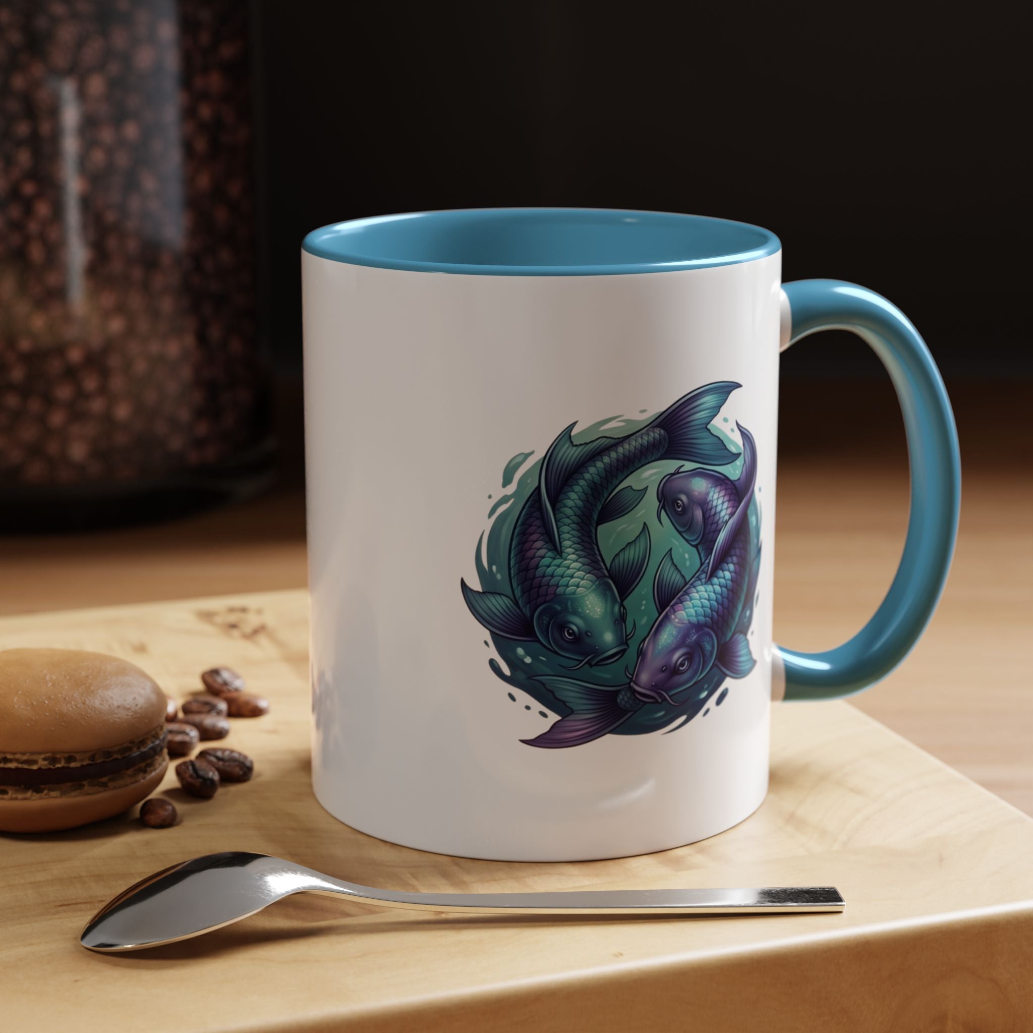 Koi Fish Accent Coffee Mug — Blue Pisces Ceramic Mug