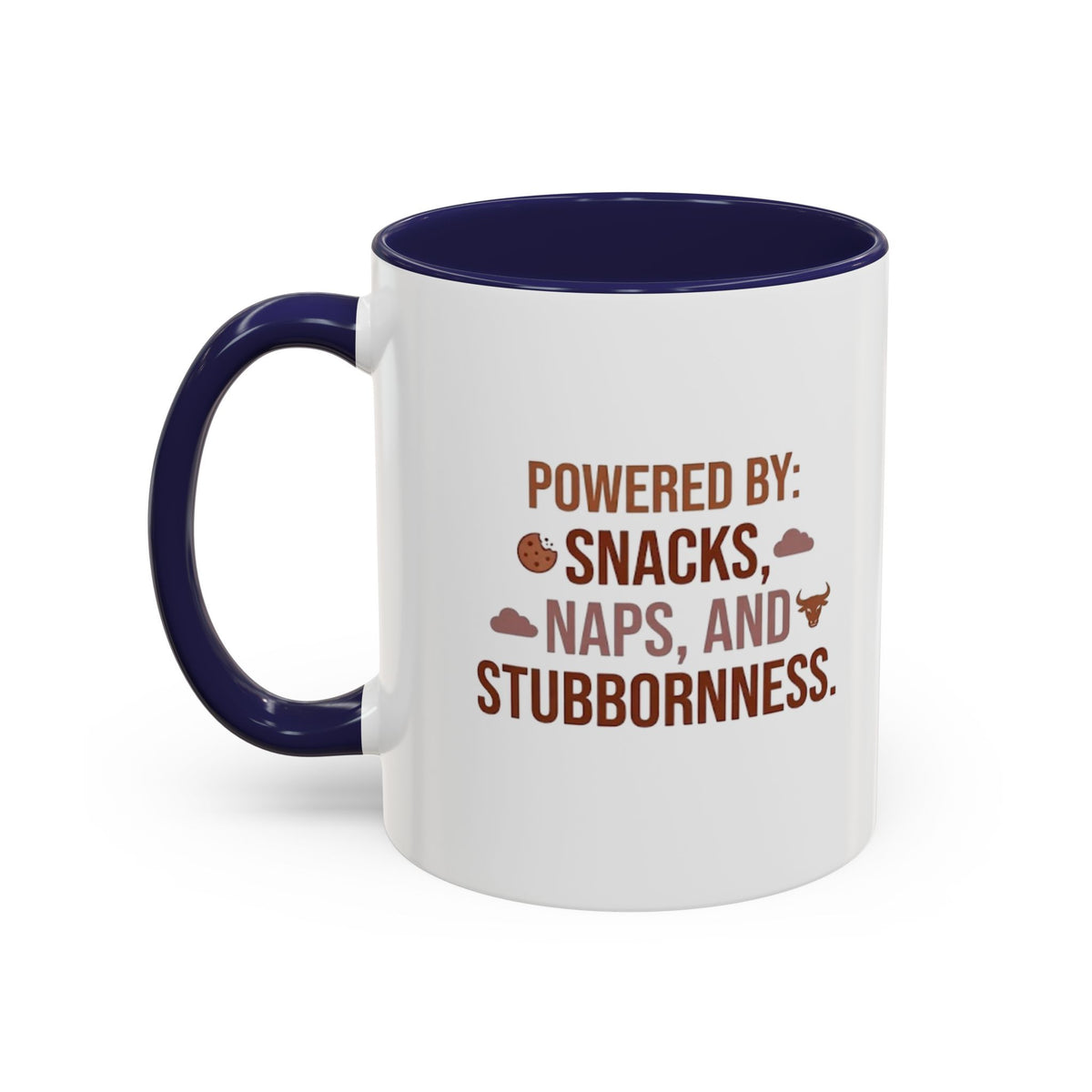 Taurus Coffee Mug - "Powered by Snacks, Naps, and Stubbornness" Accent Ceramic Mug