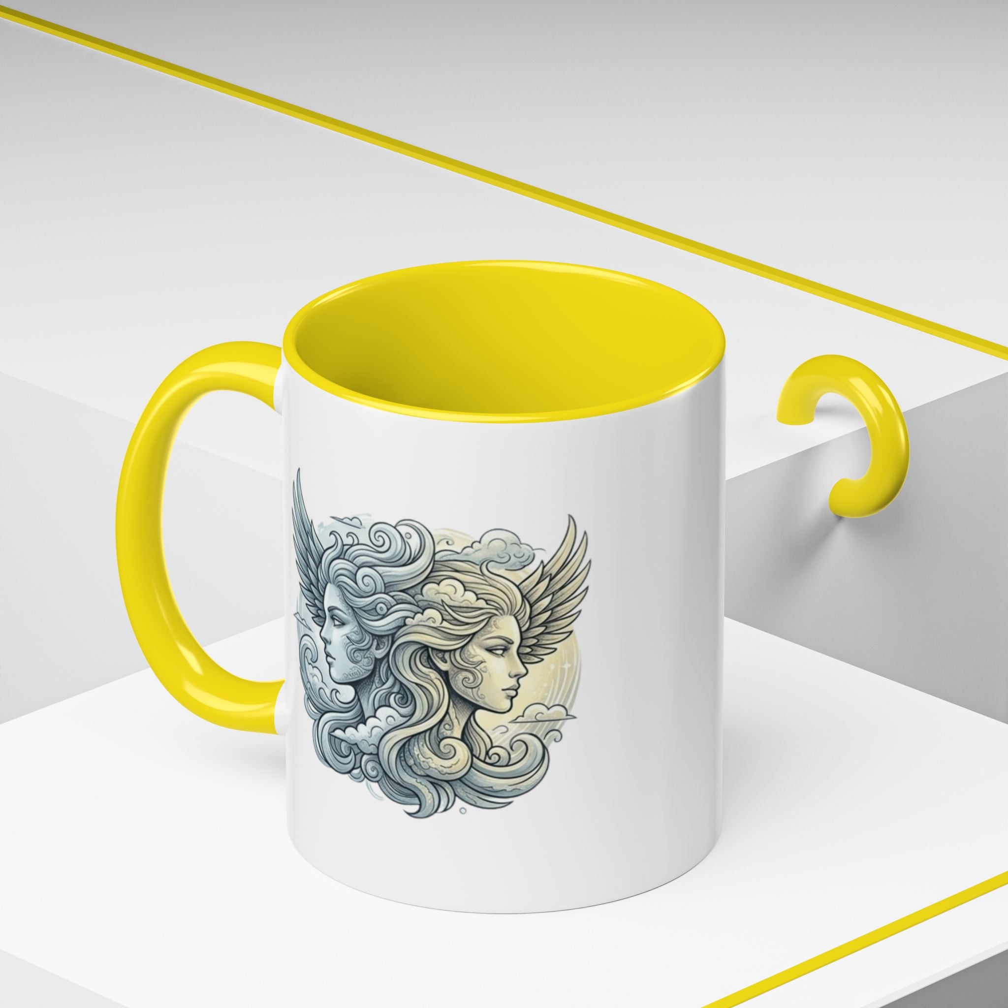 Gemini Twins Accent Coffee Mug — Sun & Moon Winged Faces Illustration
