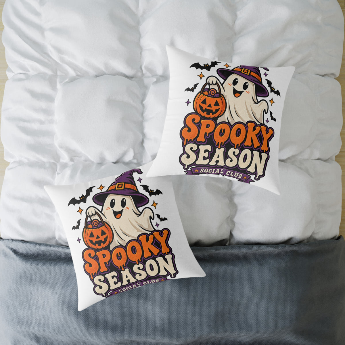 Spooky Season Halloween Pillow - Cute Ghost & Pumpkin Square Throw Pillow