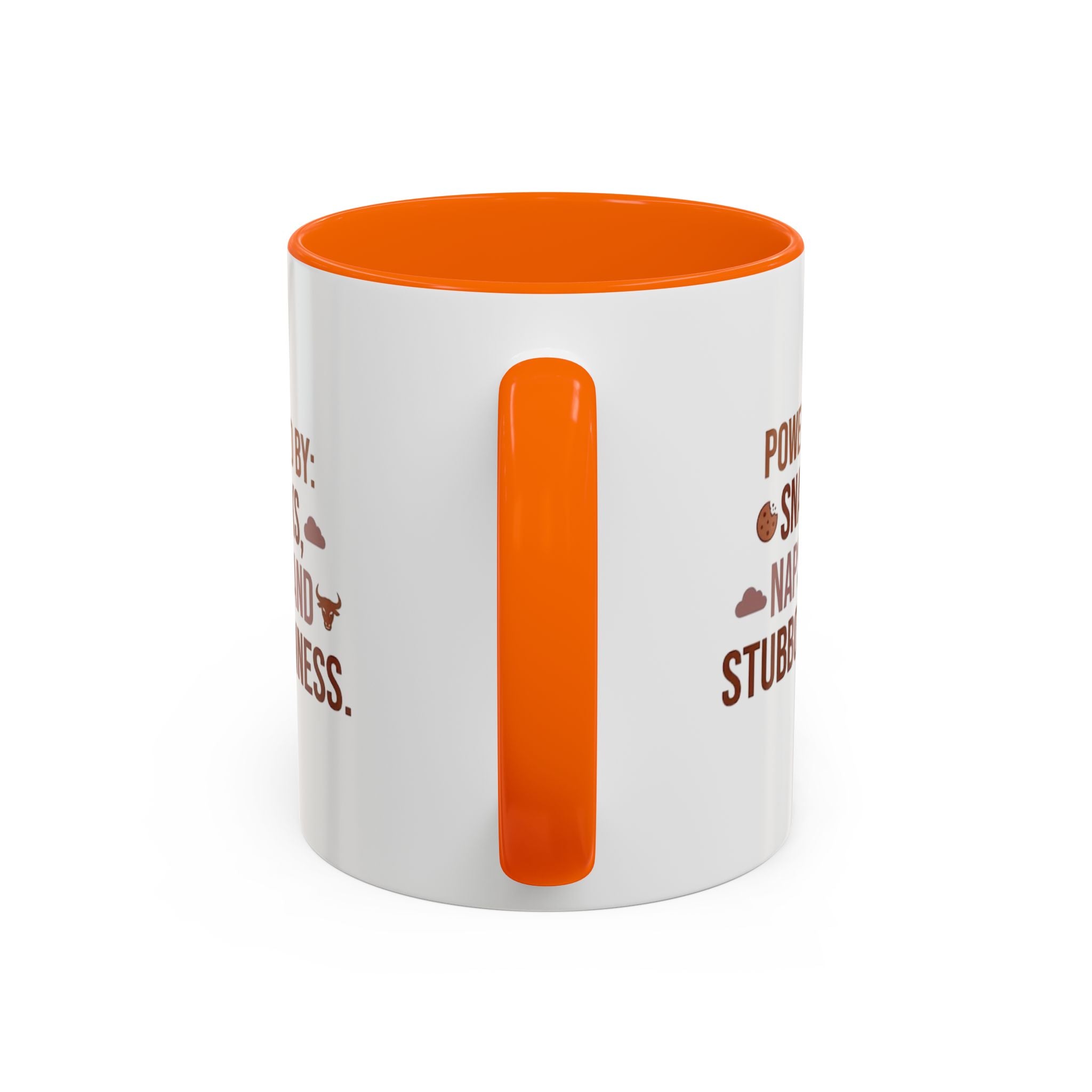 Coffee Mug — "Powered by: Snacks, Naps, and Stubbornness" Ceramic Accent Mug