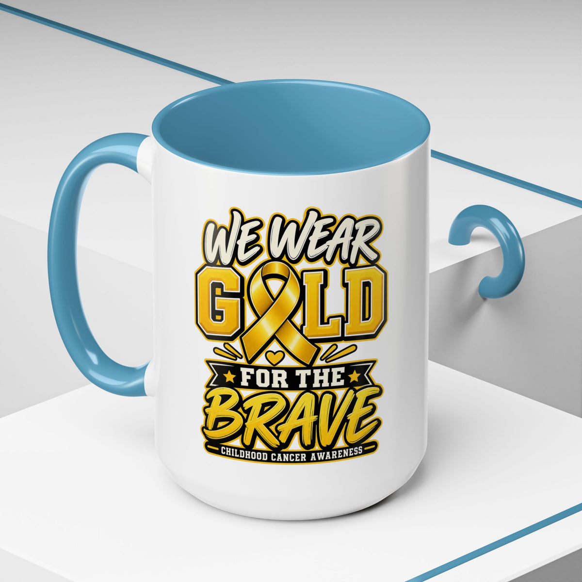 Childhood Cancer Awareness Accent Coffee Mug – "We Wear Gold for the Brave" (11/15 oz)