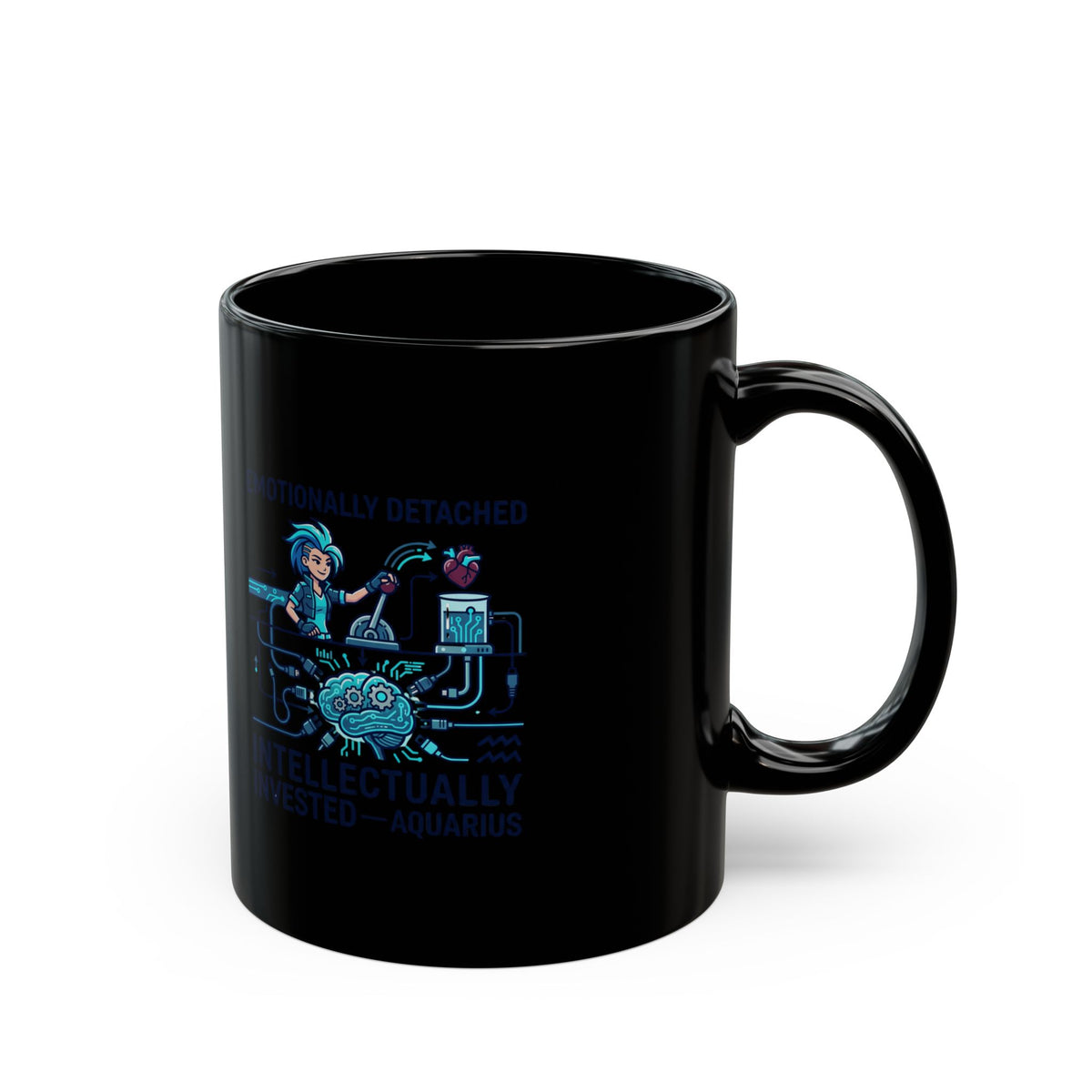 Aquarius Zodiac Black Tech Humor Mug — “Emotionally Detached, Intellectually Invested”