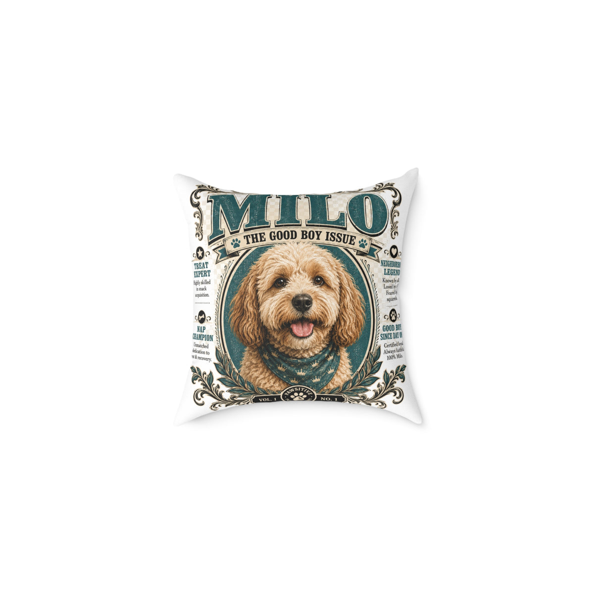 Personalized Dog Pillow - "Milo The Good Boy Issue" Decorative Pet Portrait Cushion  Milo Bailey Dog Dad Mom