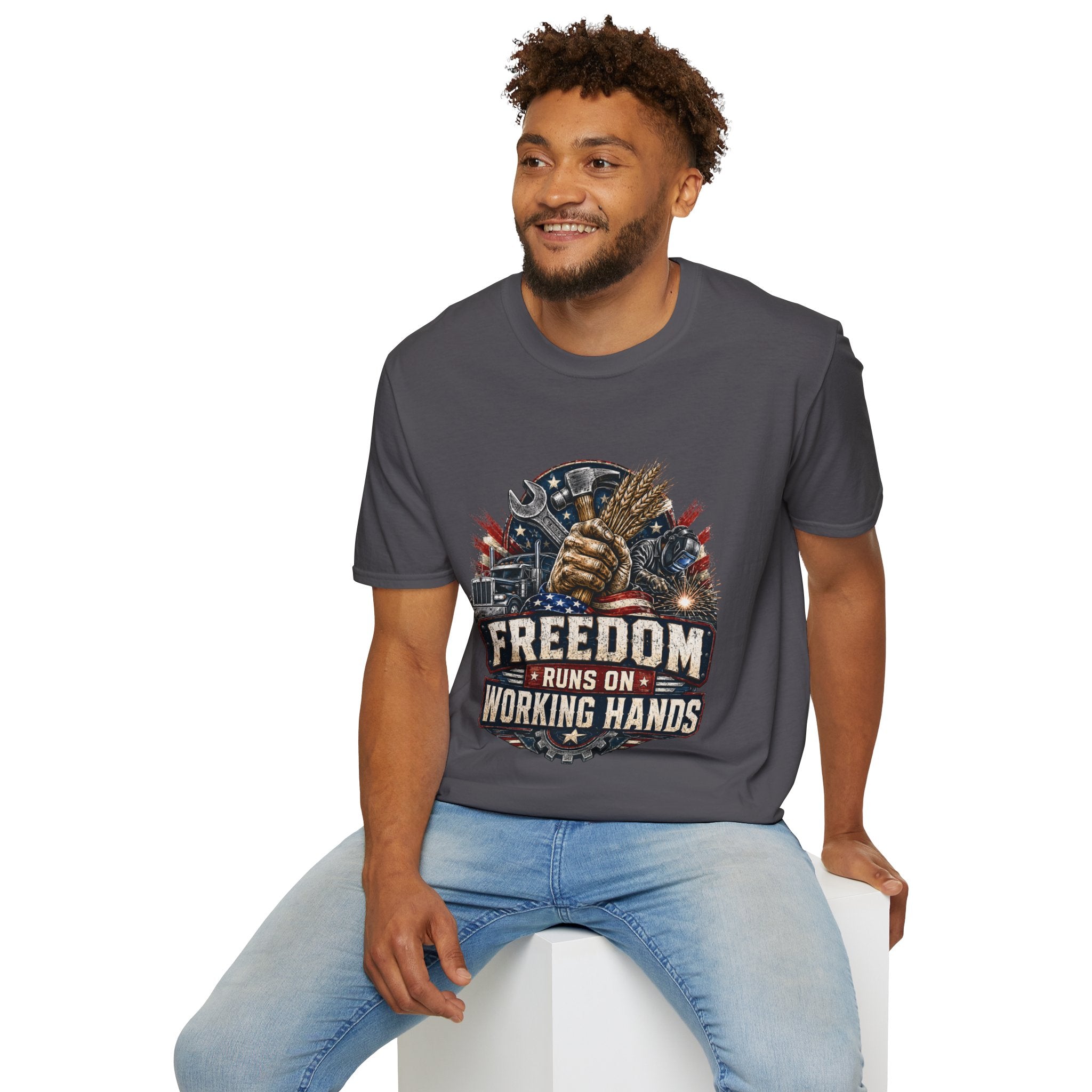 Freedom Runs on Working Hands T-Shirt — Patriotic Mechanic Tool & Wheat Design